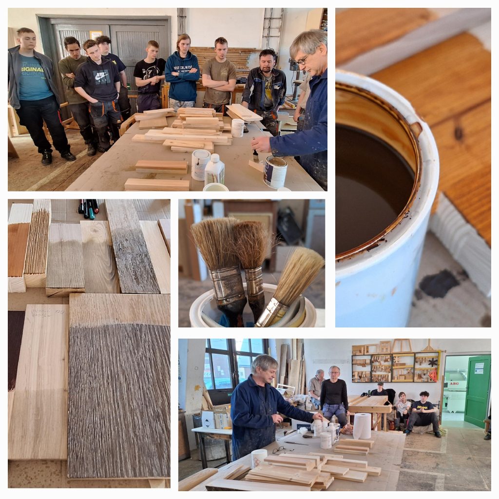 Koláž fotografií z workshopu, jak se nanášejí na dřevo nátěrové hmoty. 