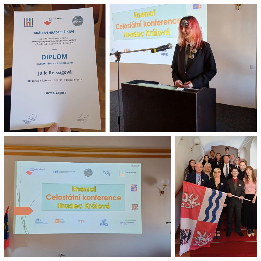 Koláž fotografií diplomu, žákyně, sáu a skupiny účastníků projektu Enersol