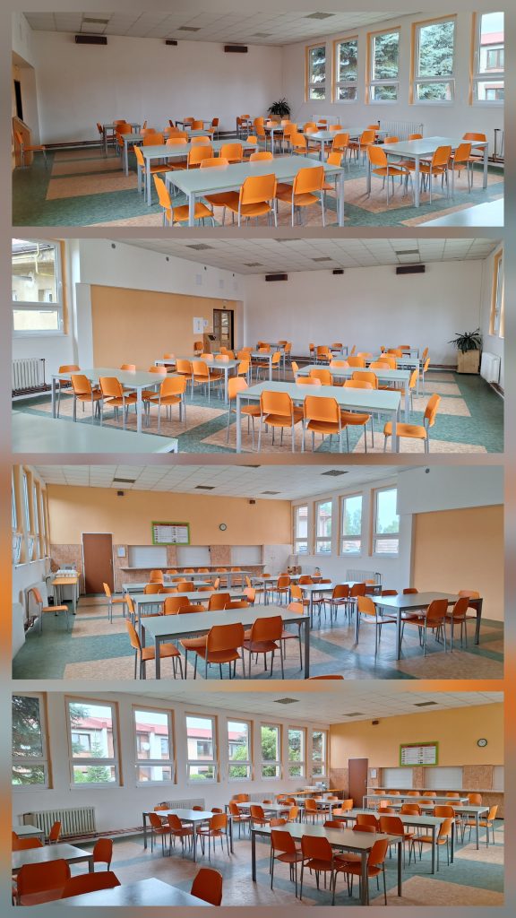 Koláž fotografií z rekonstruované školní jídleny. 
