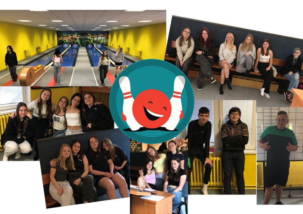 Koláž fotografií žáků na bowlingu