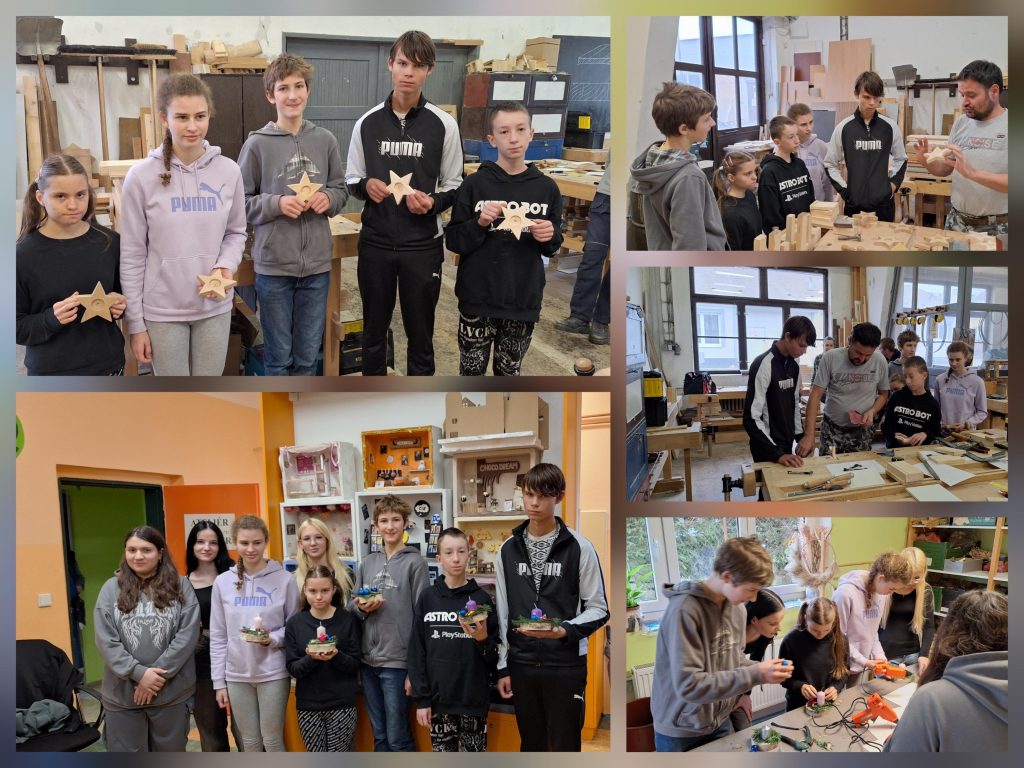 Koláž obsahuje pět fotografií z návštěvy žáků základní školy v dílnách střední školy.

Horní levý snímek: Pět žáků stojí v truhlářské dílně a drží hotové dřevěné výrobky – hvězdy a svícny. V pozadí jsou police s nářadím a dřevěnými deskami.
Horní pravý snímek: Skupina žáků sleduje práci u stolu v truhlářské dílně, na stole jsou dřevěné polotovary a nářadí.
Střední snímek: Čtyři žáci v aranžérské učebně drží vánoční dekorace s větvičkami a svíčkami, za nimi jsou police s dekorativními předměty.
Dolní pravý snímek: Žáci sedí u stolu v aranžérské dílně, na stole jsou barevné stuhy, větvičky a další materiál pro výrobu dekorací.
Dolní levý snímek: Další skupina žáků stojí v aranžérské učebně a drží hotové dekorace.