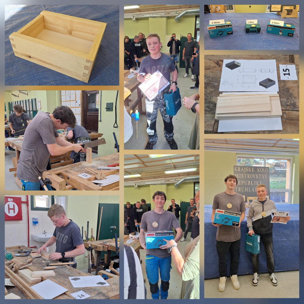 Obrázek je složen z devíti menších fotografií uspořádaných do koláže. Fotografie zachycují soutěž nebo praktickou zkoušku v truhlářské dílně.

Horní levý snímek: Dřevěná bedýnka z hladkých světlých prken, precizně sestavená s viditelnými čepy na rozích.
Horní střední snímek: Soutěžící stojí v dílně, drží v ruce diplom a modrou tašku s cenou. V pozadí je skupina lidí sledujících vyhlášení.
Horní pravý snímek: Na stole jsou vystaveny tři elektrické nářadí značky Makita v zelených krabicích, každá označená cenovkou.
Pravý střední snímek: Na stole leží technický výkres bedýnky, vedle něj připravené dřevěné díly a papíry s číslem „15“.
Levá střední část: Soutěžící pracuje u truhlářského ponku, používá ruční nářadí k opracování dřeva.
Dolní levý snímek: Další soutěžící u pracovního stolu, před sebou má dřevěné díly, kladivo a papíry s výkresem.
Dolní střední snímek: Soutěžící drží krabici s elektrickým nářadím a diplom, kolem něj stojí další lidé.
Dolní pravý snímek: Dva soutěžící stojí před modrým pozadím s nápisem „KRAJSKÉ KOLO MISTROVSTVÍ REPUBLIKY TRUHLÁŘ“. Každý drží diplom a cenu.
Celkový kontext: Prostředí je světlá dílna s dřevěnými stoly, nářadím a lidmi sledujícími soutěžní dění.
