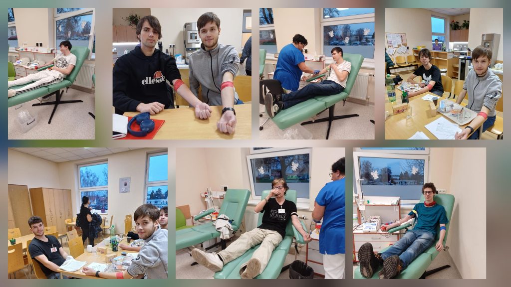 Koláž fotografií, jak žáci darují krev na transfuzní stanici.