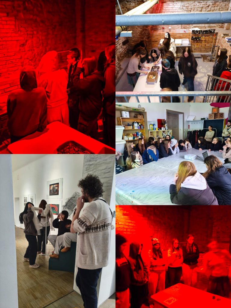 Koláž fotografií z návštěvy žákyň edukačního programu v Muzeu umění a designu,