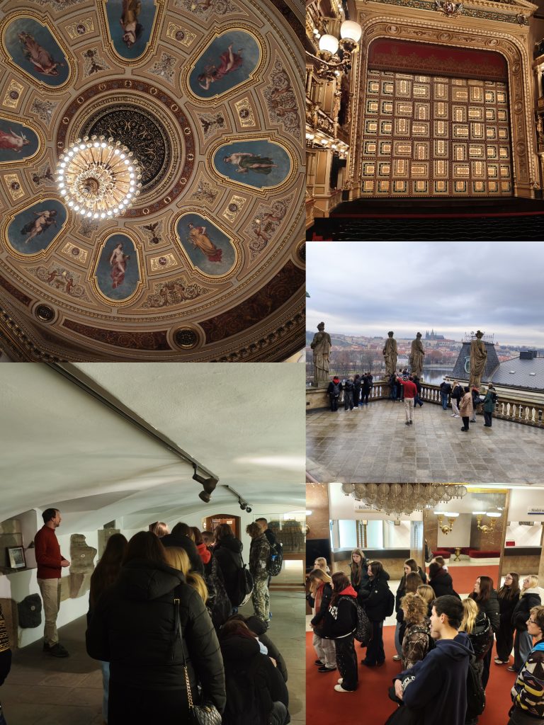 Koláž fotografií s interiery národního divadla a žáků na exkurzi