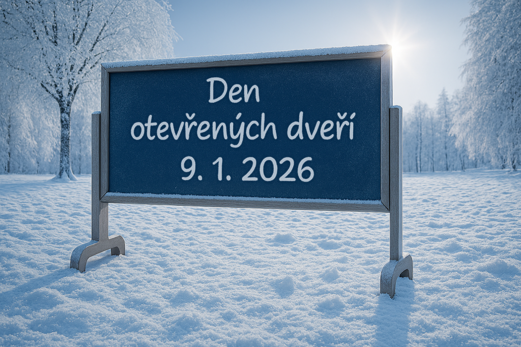Školní tabule v zasněžené krajině s nápisem Den otevřených dveří 9. 1. 2026 