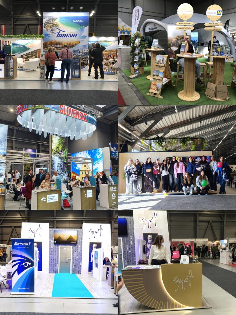 Koláž fotgrafií z odborné exkurze. Žákyně si prohlížejí výstavní prostory a pózují ve skupině na výstavišti. Dále jsou na fotografii někteří vystavovatelé veletrhu.