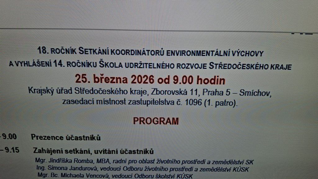 Obraz z projekčního plátna s informacemi EVVO